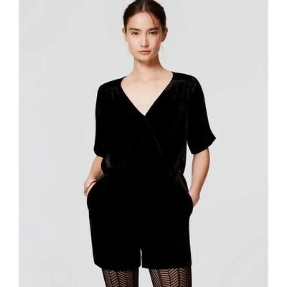 Ann Taylor LOFT Romper Black Velvet V Neck Short Sleeve